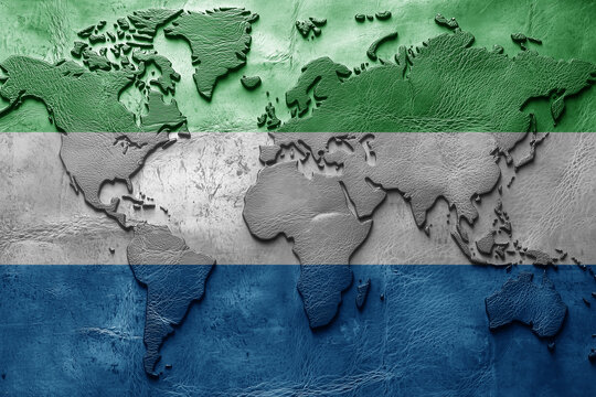 Flag of sierra leone on the ancient leather old world map . Adventure concept. Macro shot. Generative Ai