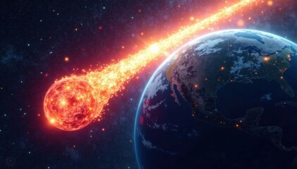 Obraz premium Close-up of comet's tail against bright planet Earth background, Earth, science