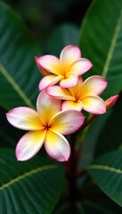 Fototapeta premium Close-up of delicate Frangipani flowers and large tropical leaves, plant, frangipani, botanical