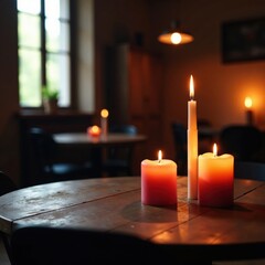 Flickering candles on a wooden table in a cramped space, cramped, candles