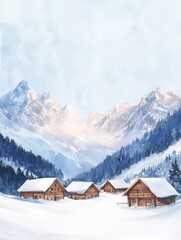 Winter landscape featuring cozy wooden cabins in a snowy mountain valley at dawn. Generative AI