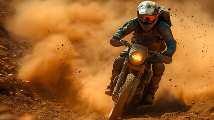 Motorcyclist riding dirt bike through dusty terrain