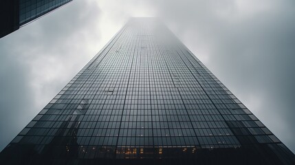 Towering monolith of glass and steel disappearing into a blanket of fog