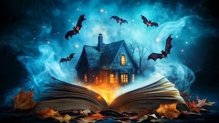 Fototapeta premium A book laid open in the middle leaks a vision of a haunted mansion and bats, blending horror stories with the Halloween season. A modern cartoon depiction of a frightening haunted house on a