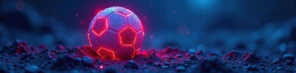 Fototapeta premium Close-up of glowing neon soccer ball on dark blue terrain , abstract, glow, color