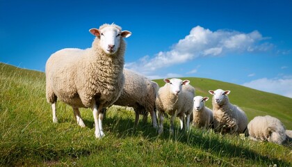Sheeps in a meadow on green grass at blue sky. Portrait of sheep. Flock of sheep grazing in a hill. 