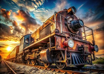 Fototapeta premium A vintage steel train locomotive, a majestic steam engine embodying retro railroad's industrial heritage.