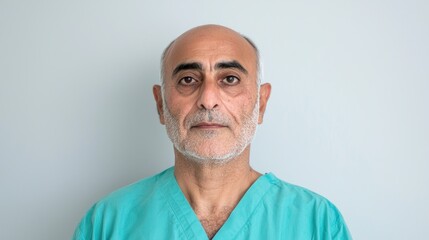 Obraz premium Serious mature doctor portrait, light background, medical website use