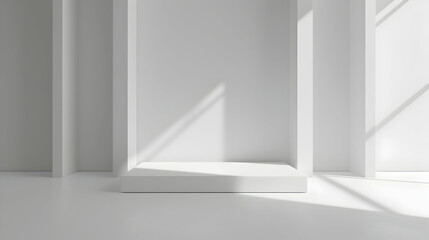 Fototapeta premium Minimalist interior with empty white shelves and soft shadows, ideal for modern design concepts