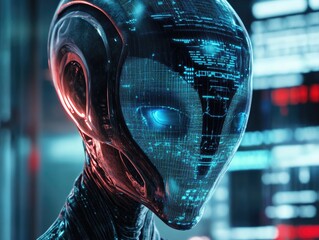 Cyborg head, digital data, server room, AI future