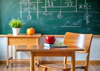Obraz premium Back-to-school scene: a deserted desk faces a blackboard filled with math formulas, ready for learning.