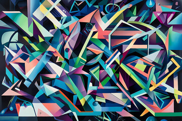 A vibrant abstract painting with overlapping geometric shapes in shades of blue, green, and purple. Bold lines and dynamic composition create a modern aesthetic.