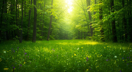Obraz premium 美しい緑が広がる夏の森と爽やかな春の風景 