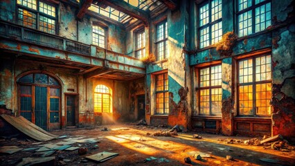 Fototapeta premium BJK02 documents haunting urban decay. Ruins, grunge, and industrial landscapes evoke a post-apocalyptic cityscape.