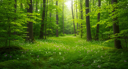 Obraz premium 豊かな緑に包まれた夏の森林と春の背景 
