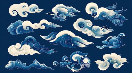 Whimsical Blue and White Cloud Illustrations: A Digital Art Collection AI Generated