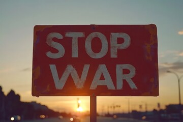 Red Stop War sign at sunset with bold silhouette, symbolizing strong resistance, urgency, and anti war advocacy with striking contrast and dramatic composition emphasizing its message