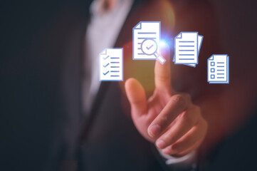 Businessman hand showing confidently holds and interacts with digital files, Technology and human capability in the document management Document data system Report HR technology Concept