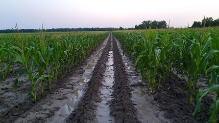 Fototapeta premium Cornfield after rain, wet paths between rows