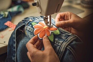 Close-up of Sewing Machine Attaching Embroidered Flower Patch to Denim Jacket, Warm Lighting, Home Craft, Creative Upcycling, DIY Fashion