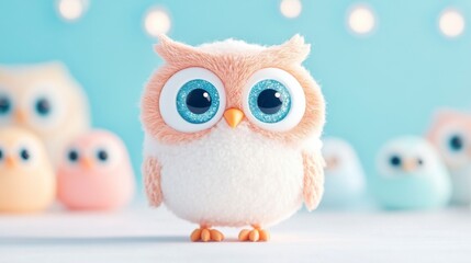 Fototapeta premium Adorable Plush Owl Toy with Big Eyes in Soft Colorful Background