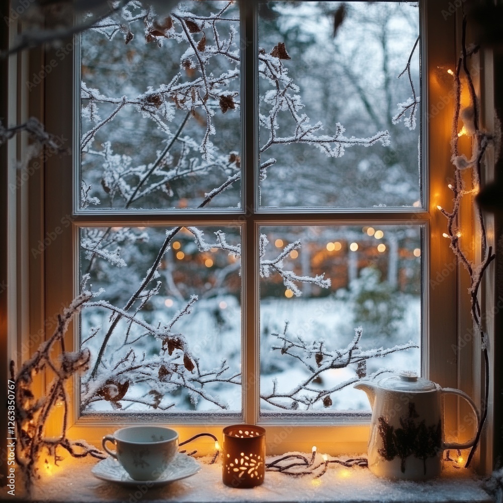 Poster Snowy winter morning viewed from a cozy window with warm lights and tea set on a chilly day. Generative AI