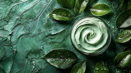 Fototapeta premium Green skincare cream, leaves, textured background; beauty product for ads