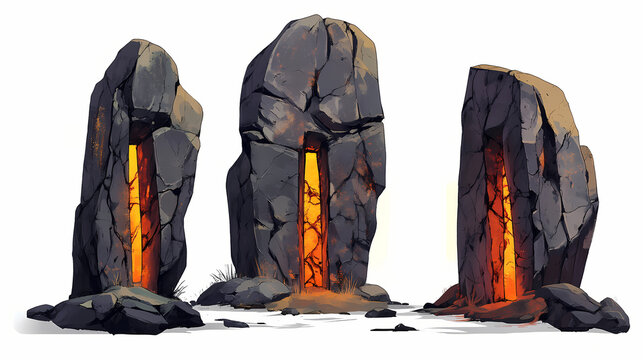 Graphical collection dolmens megaliths isolated white background high resolution high details vibrant. Lava-Covered Megaliths. Illustration