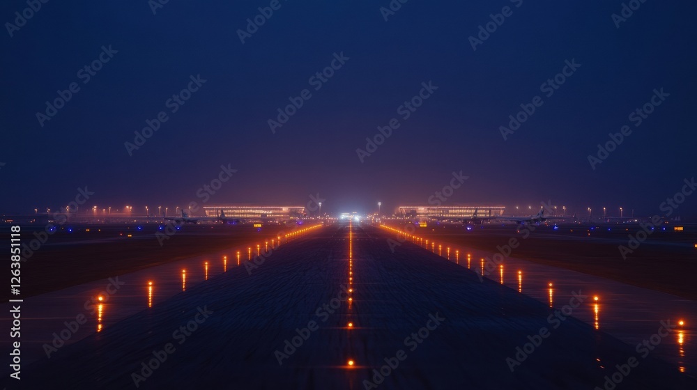 Poster Airport runway illuminated at night with terminal buildings glowing in the background and runway lights guiding the way. Generative AI