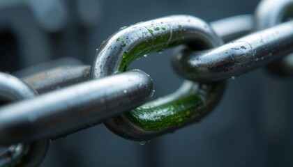 Naklejka premium Close up of a Metal Chain with Green Substance and Water Droplets