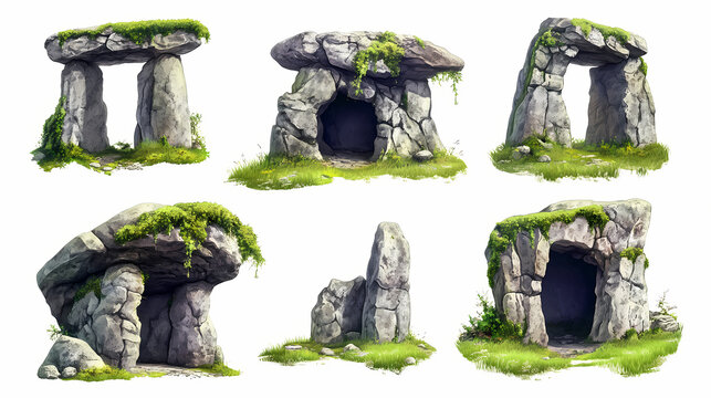 Graphical collection of dolmens and megaliths isolated on white background. geological formations isolated on white. photo realistic photo. Lava-Covered Megaliths. Illustration