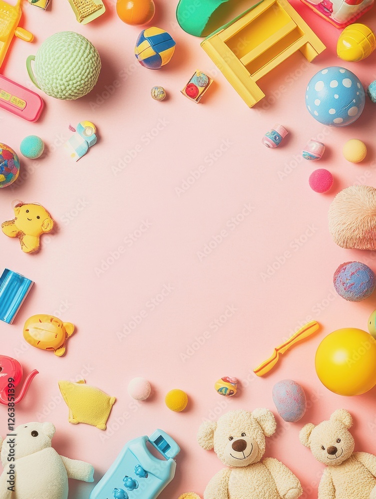Poster colorful collection of childrens toys arranged on a pink background for playful exploration and crea