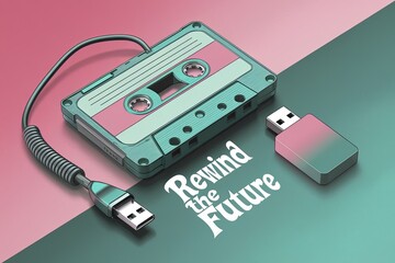Cassette Tape & USB Drive with "Rewind the Future" Text on Pink and Teal Split Background, Nostalgic Aesthetic