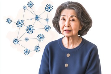 Elderly woman with short gray hair in blue dress with molecular brain connections in the background, symbolizing neuroscience, memory networks, and cognitive functions in digital visualization