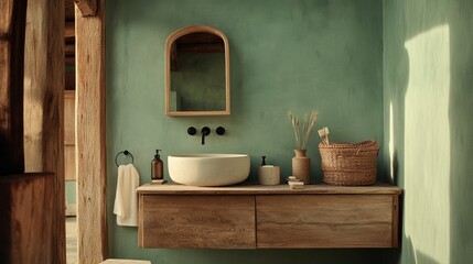 Rustic bathroom with wooden cabinetry, soft green walls, and ceramic accessories