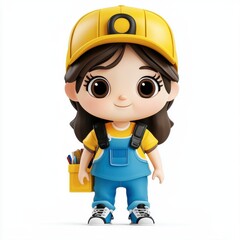 Fototapeta premium Cute Cartoon Character in Yellow Cap and Overalls with Backpack