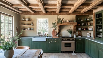 Rustic kitchen with exposed wooden beams, forest green cabinets, and ceramic accessories