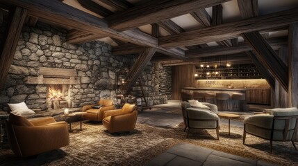 Rustic stone wall with warm earth-toned wooden beams and soft lighting