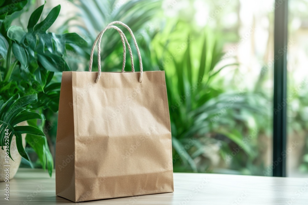 Poster eco friendly paper bag displayed with lush green plants creating a serene, nature inspired backgroun