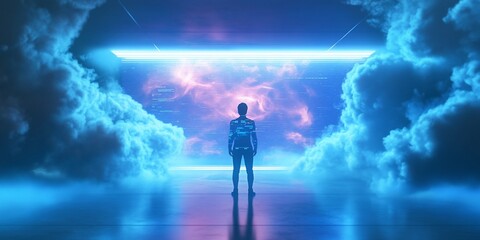 Futuristic figure stands before a glowing portal in a cloudscape.