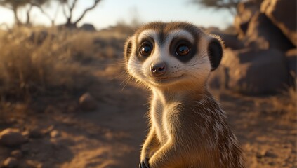 Fototapeta premium Adorable meerkat pup looking directly at camera in African savanna sunset.