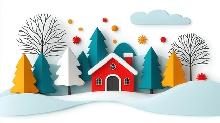 Colorful Winter Wonderland with Playful Trees and Charming House