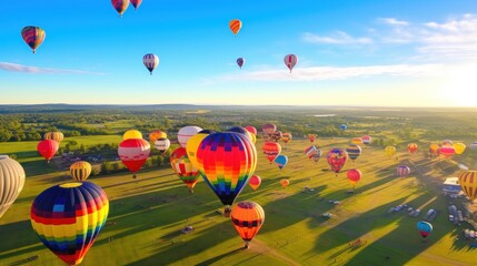 Fototapeta premium Spectacular hot air balloons soaring over a lush green landscape at sunrise