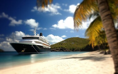 Fototapeta premium Luxury yacht at anchor in a tropical bay, with palm trees and white sand beach.
