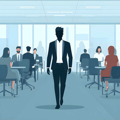 a man with black face walking in center of office Collogues Male Female seating in chair both side watching him Man is Confidently Walking with his Hand in Poc