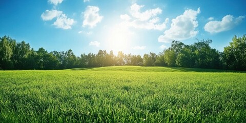 Sun-dappled field under azure skies; verdant grass sways softly in gentle breeze, capturing serene beauty with a dreamy, hazy effect