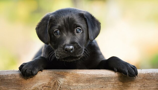  Cute black puppy dog leaning on a wooden fence panoramic