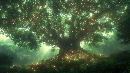 Obraz premium Magical glowing tree in enchanted forest; fantasy background for game design