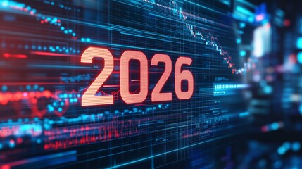Futuristic digital display highlighting the year 2026 with colorful data visualization elements