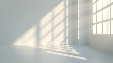 Fototapeta premium Bright, minimalistic interior with sunlight casting shadows on a white wall, ideal for design inspiration